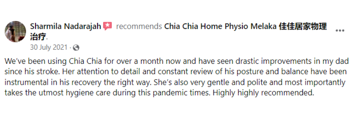 "5-star patient reviews for Ocare Physio Melaka, praising physiotherapists Zi Kang and Chia Chia for their patience and effectiveness in stroke recovery, elderly rehabilitation, and chronic pain management."
