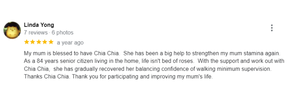 "5-star patient reviews for Ocare Physio Melaka, praising physiotherapists Zi Kang and Chia Chia for their patience and effectiveness in stroke recovery, elderly rehabilitation, and chronic pain management."