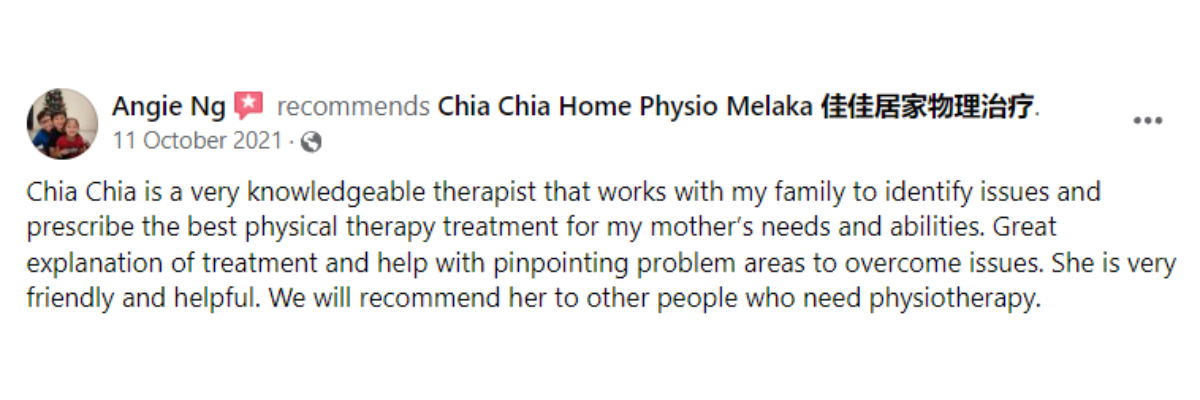 "5-star patient reviews for Ocare Physio Melaka, praising physiotherapists Zi Kang and Chia Chia for their patience and effectiveness in stroke recovery, elderly rehabilitation, and chronic pain management."