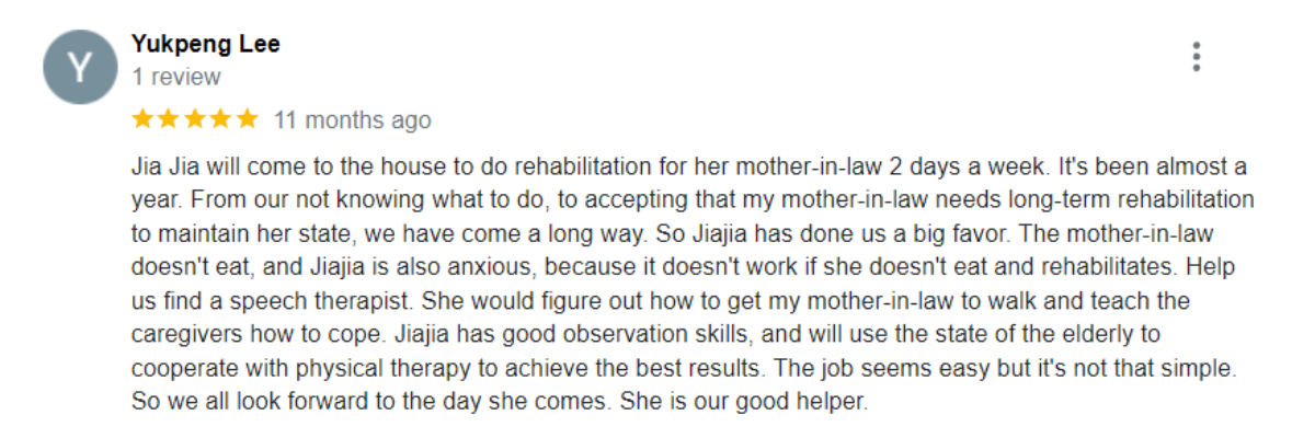 "5-star patient reviews for Ocare Physio Melaka, praising physiotherapists Zi Kang and Chia Chia for their patience and effectiveness in stroke recovery, elderly rehabilitation, and chronic pain management."