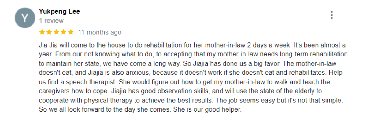 "5-star patient reviews for Ocare Physio Melaka, praising physiotherapists Zi Kang and Chia Chia for their patience and effectiveness in stroke recovery, elderly rehabilitation, and chronic pain management."