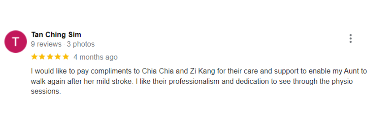 "5-star patient reviews for Ocare Physio Melaka, praising physiotherapists Zi Kang and Chia Chia for their patience and effectiveness in stroke recovery, elderly rehabilitation, and chronic pain management."