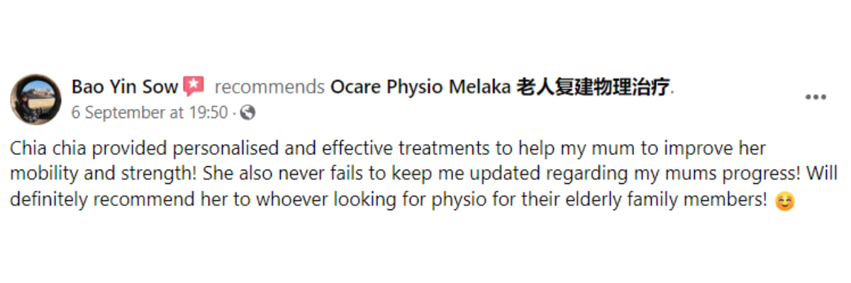 "5-star patient reviews for Ocare Physio Melaka, praising physiotherapists Zi Kang and Chia Chia for their patience and effectiveness in stroke recovery, elderly rehabilitation, and chronic pain management."