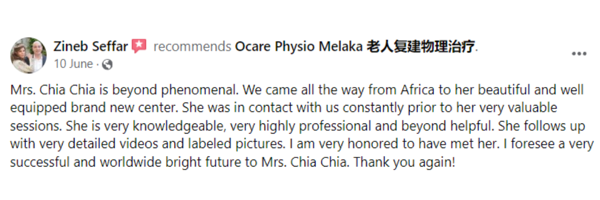 "5-star patient reviews for Ocare Physio Melaka, praising physiotherapists Zi Kang and Chia Chia for their patience and effectiveness in stroke recovery, elderly rehabilitation, and chronic pain management."