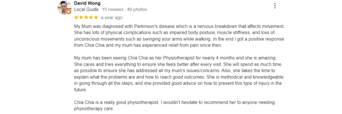 "5-star patient reviews for Ocare Physio Melaka, praising physiotherapists Zi Kang and Chia Chia for their patience and effectiveness in stroke recovery, elderly rehabilitation, and chronic pain management."