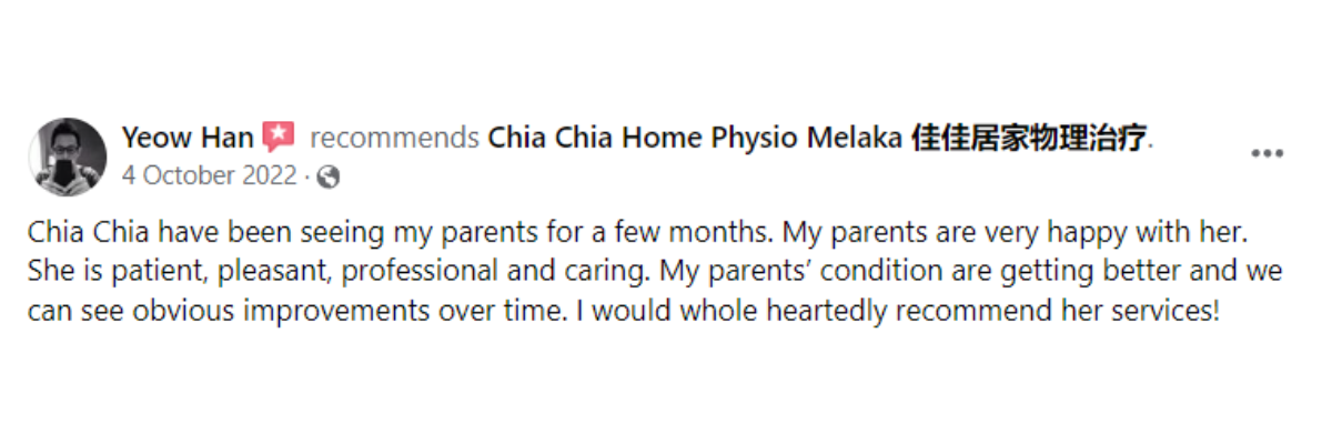 "5-star patient reviews for Ocare Physio Melaka, praising physiotherapists Zi Kang and Chia Chia for their patience and effectiveness in stroke recovery, elderly rehabilitation, and chronic pain management."