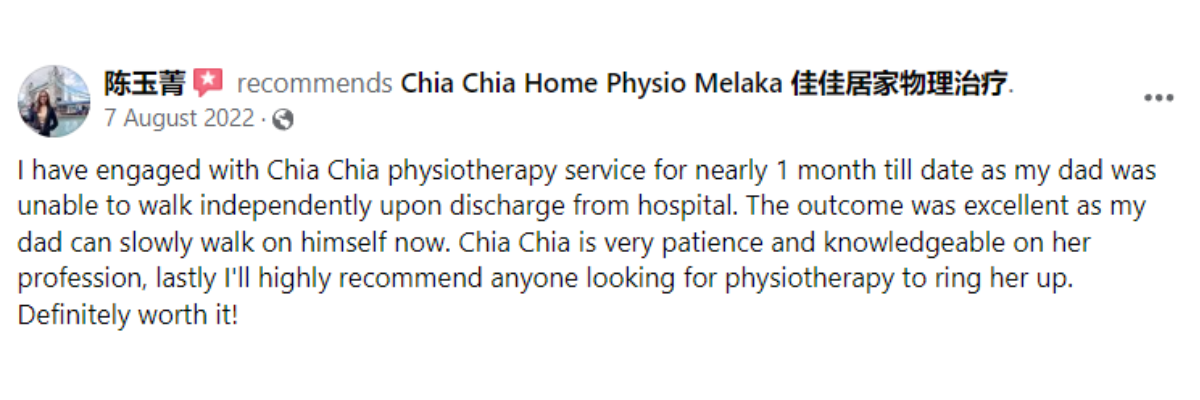 "5-star patient reviews for Ocare Physio Melaka, praising physiotherapists Zi Kang and Chia Chia for their patience and effectiveness in stroke recovery, elderly rehabilitation, and chronic pain management."