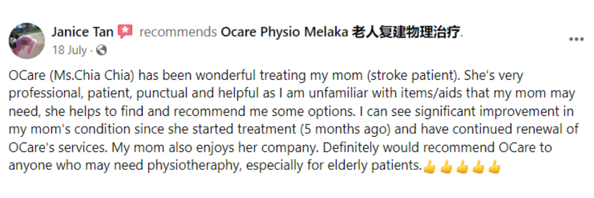 "5-star patient reviews for Ocare Physio Melaka, praising physiotherapists Zi Kang and Chia Chia for their patience and effectiveness in stroke recovery, elderly rehabilitation, and chronic pain management."