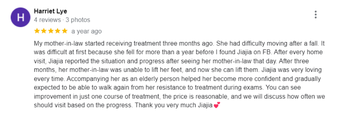 "5-star patient reviews for Ocare Physio Melaka, praising physiotherapists Zi Kang and Chia Chia for their patience and effectiveness in stroke recovery, elderly rehabilitation, and chronic pain management."