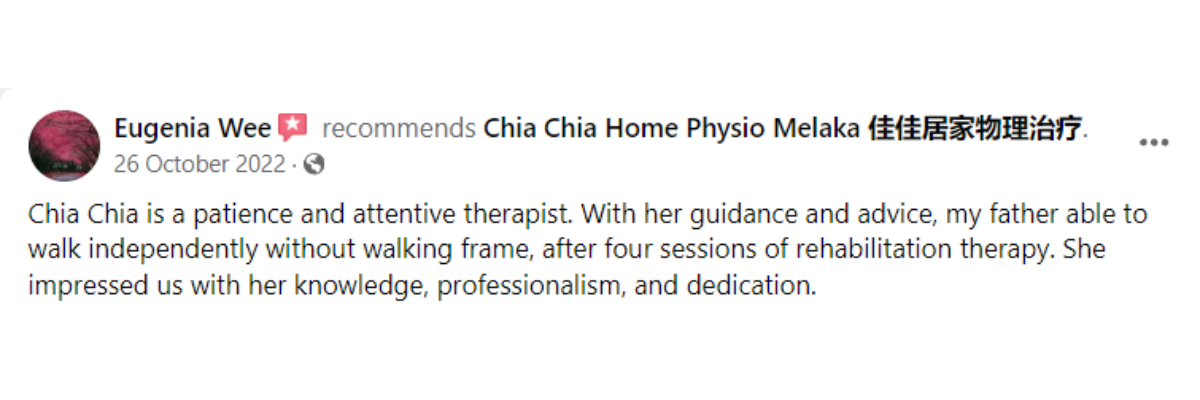 "5-star patient reviews for Ocare Physio Melaka, praising physiotherapists Zi Kang and Chia Chia for their patience and effectiveness in stroke recovery, elderly rehabilitation, and chronic pain management."