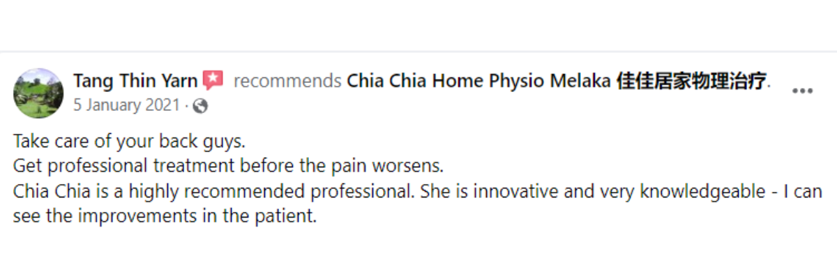 "5-star patient reviews for Ocare Physio Melaka, praising physiotherapists Zi Kang and Chia Chia for their patience and effectiveness in stroke recovery, elderly rehabilitation, and chronic pain management."