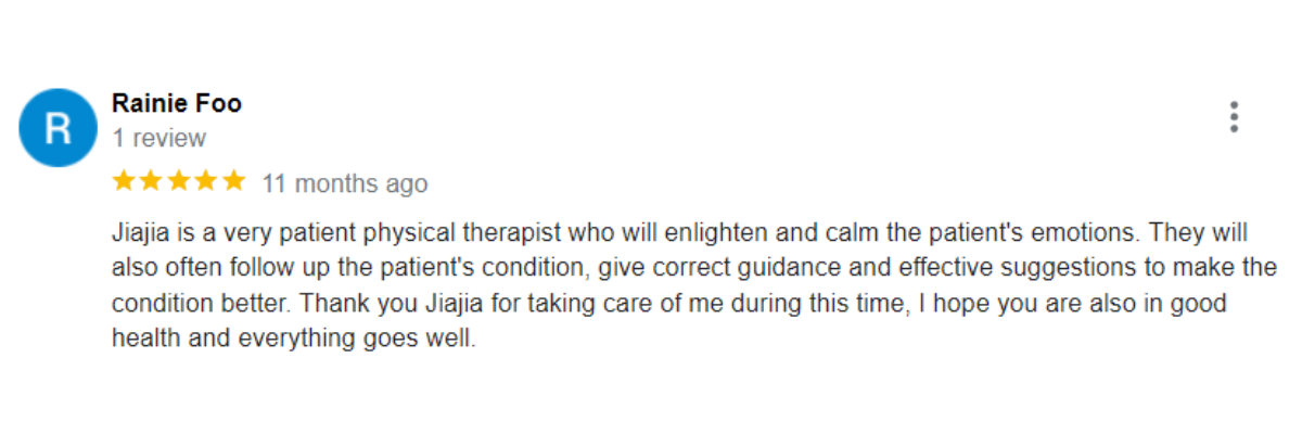 "5-star patient reviews for Ocare Physio Melaka, praising physiotherapists Zi Kang and Chia Chia for their patience and effectiveness in stroke recovery, elderly rehabilitation, and chronic pain management."