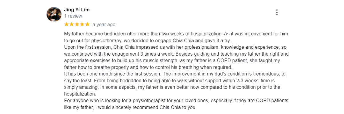"5-star patient reviews for Ocare Physio Melaka, praising physiotherapists Zi Kang and Chia Chia for their patience and effectiveness in stroke recovery, elderly rehabilitation, and chronic pain management."