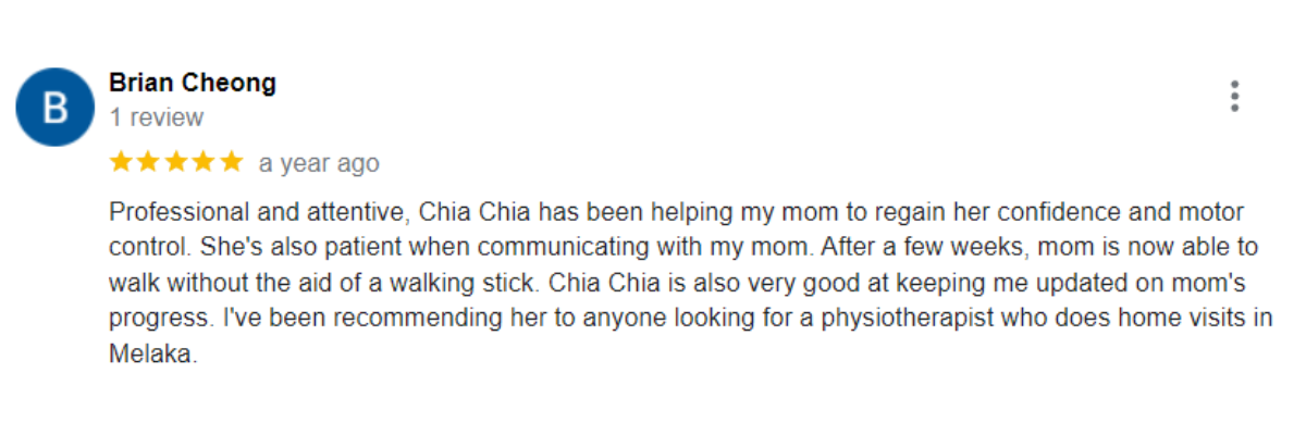 "5-star patient reviews for Ocare Physio Melaka, praising physiotherapists Zi Kang and Chia Chia for their patience and effectiveness in stroke recovery, elderly rehabilitation, and chronic pain management."
