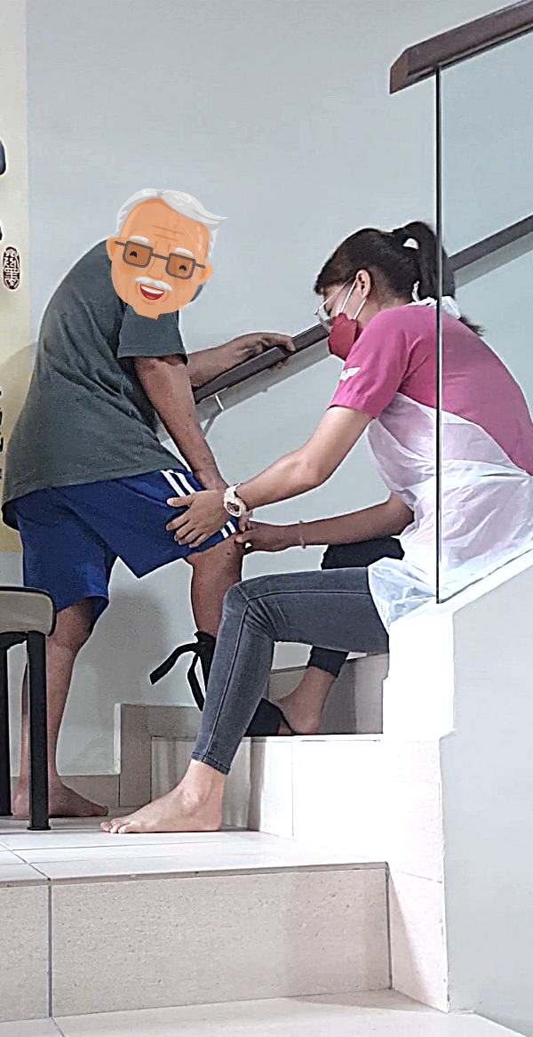 "Ocare Physio physiotherapist assisting an elderly patient with stair climbing rehabilitation exercises to improve leg strength and mobility."