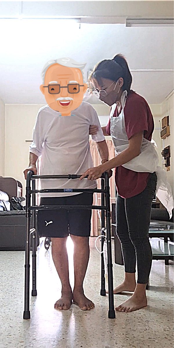 "Ocare Physio therapist assisting an elderly male patient with standing balance and walking frame exercises inside his living room during a home visit."