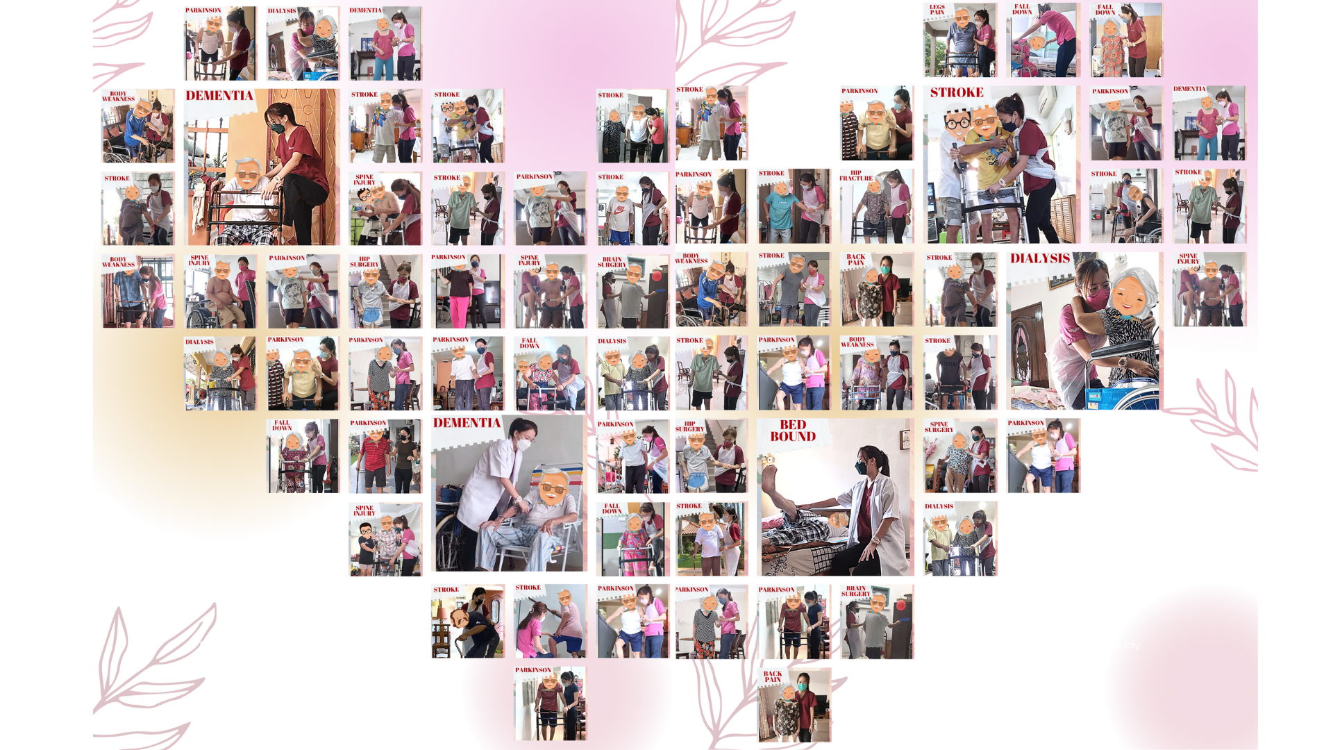 推荐方案 (SEO 最佳 - 覆盖多种病症关键词) 英文 (English - 请复制此段): "Heart-shaped collage of Ocare Physio success stories featuring rehabilitation for Stroke, Parkinson's, Dementia, Hip Surgery, and Bedridden elderly patients in Melaka."